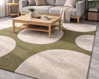 Olive Green Geometric Area Rug, Modern Circle Pattern Rug, Retro Mod Carpet, Mid Century Modern Rug, Abstract Round Shape Design