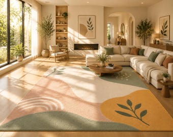 Modern Botanical Area Rug | Abstract Nature Living Room Rug | Sage Green & Terracotta Carpet | Neutral Contemporary Decor