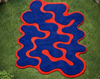 Abstract Blob Rug, Blue Red Irregular Area Rug, Retro Wavy Shape Carpet, Modern Funky Statement Rug, Organic Shape Floor Mat.