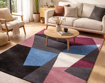 Modern Geometric Area Rug – Abstract Color Block Carpet, Blue Burgundy Contemporary Living Room or Bedroom Rug