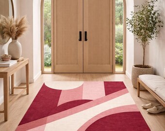 Tapis d'entrée abstrait moderne, tapis géométrique rose bordeaux, tapis de couloir minimaliste scandinave, tapis de sol bohème contemporain