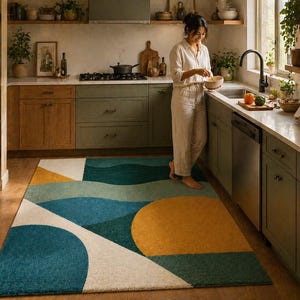 Modern Geometric Outdoor Rug, Abstract Front Door Mat, Mid-Century Entryway Rug, Waterproof Patio Rug, Green Teal Mustard Doormat