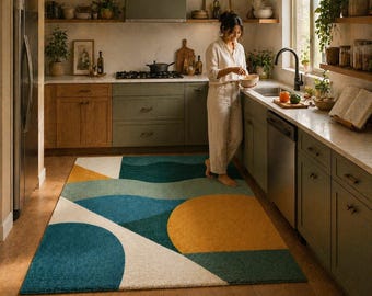 Tapis d'extérieur géométrique moderne, paillasson abstrait, tapis d'entrée style années 50, tapis de patio imperméable, paillasson vert turquoise moutarde