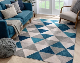 Hand Tufted Geometric Triangle Area Rug | Modern Blue Gray Abstract Rug | Scandinavian Living Room Carpet