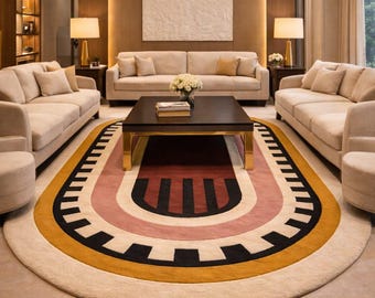 Modern Geometric Oval Rug, Abstract Arch Area Rug, Mid Century Style Carpet, Boho Contemporary Rug, Mustard Terracotta Black Cream Rug