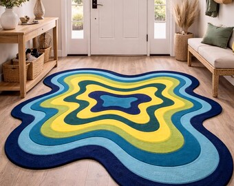 Tapis rétro ondulé, tapis abstrait à motifs géométriques, tapis moderne coloré du milieu du siècle, tapis original aux formes organiques, tapis décoratif rétro années 70.