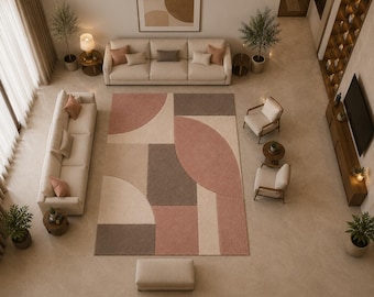 Modern Geometric Area Rug, Neutral Blush Pink Abstract Rug, Contemporary Living Room Carpet, Soft Beige Minimalist Floor Rug