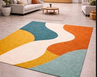 Tapis abstrait moderne, tapis d'entrée coloré, tapis moderne du milieu du siècle, tapis géométrique ondulé, tapis de salon, tapis contemporain