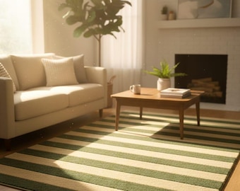 Green Striped Area Rug – Modern Neutral Stripe Carpet, Minimalist Scandinavian Living Room or Bedroom Rug