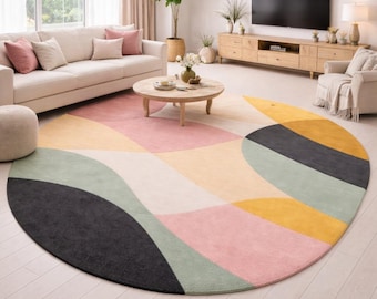 Tapis rond abstrait moderne, tapis géométrique coloré, tapis rond aux tons pastel doux, tapis d'entrée scandinave, décoration bohème pour salon