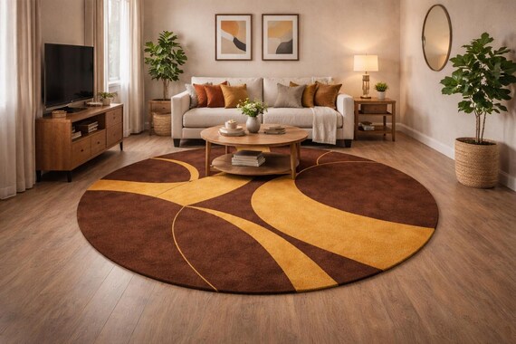 Modern Round Brown Rug, Abstract Circle Area Rug, Contemporary Kitchen Rug, Mid Century Modern Floor Rug, Non Slip Living Room Carpet