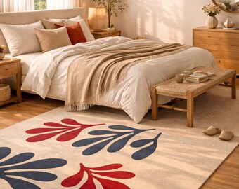 Modern Floral Area Rug, Abstract Red Blue Cream Carpet, Contemporary Living Room Rug, Minimalist Floor Decor, Scandinavian Style Rug