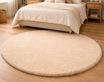 Beige Round Plush Area Rug, Soft Shag Circle Rug, Minimalist Neutral Carpet, Cozy Living Room Bedroom Decor, Modern Round Floor Mat