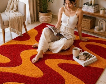 Tapis d'extérieur moderne, tapis abstrait rouge-orange, tapis style milieu du siècle, tapis d'entrée de patio, tapis de sol géométrique contemporain