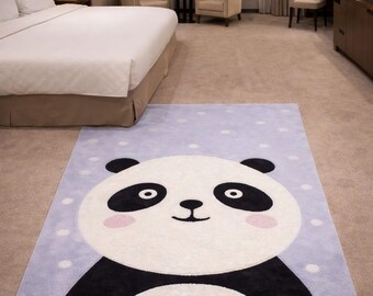 Panda Kids Rug, Nursery Area Rug, Cute Animal Carpet, Purple Kids Room Rug, Baby Nursery Decor, Soft Bedroom Playroom Rug