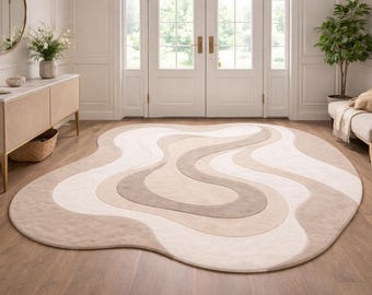 Tapis moderne aux formes organiques, tapis abstrait beige neutre, tapis minimaliste ondulé, décoration de salon de style scandinave, tapis doux et moelleux