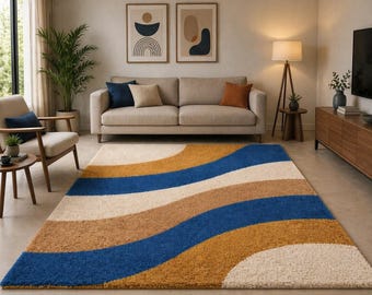 Tapis d'entrée moderne à motifs ondulés, tapis abstrait bleu moutarde crème, tapis de couloir style milieu du siècle, tapis doux et texturé pour la décoration intérieure