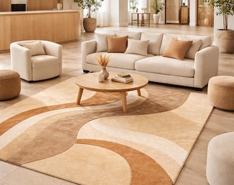 Neutral Abstract Area Rug | Modern Beige & Terracotta Rug | Scandinavian Boho Living Room Carpet | Minimalist Geometric Floor Rug