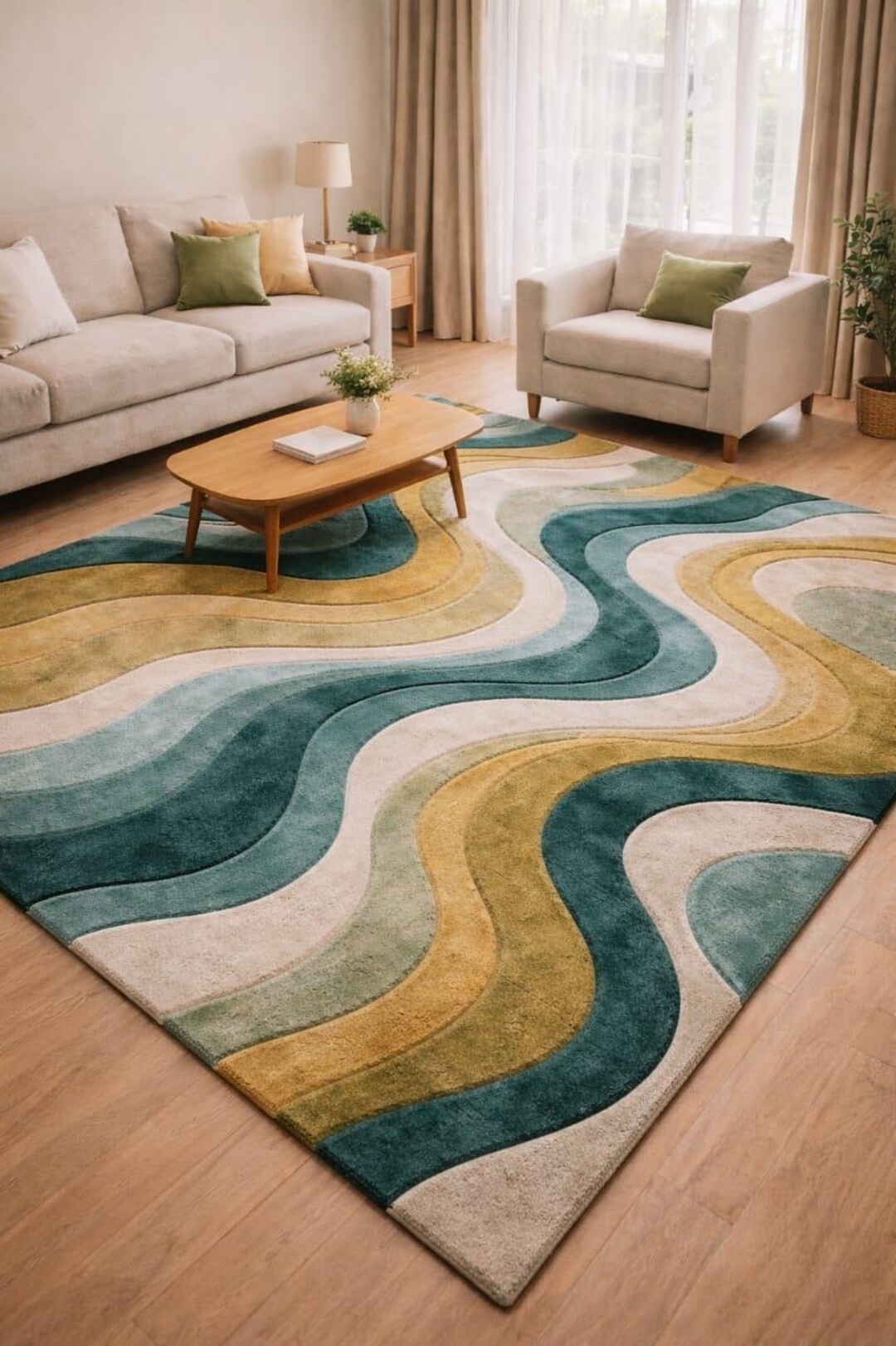 Hand Tufted Luxury Abstract Wave Area Rug | Modern Teal Blue Beige Gold ...