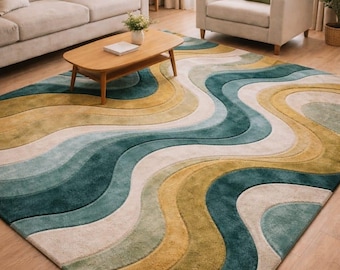 Hand Tufted Luxury Abstract Wave Area Rug | Modern Teal Blue Beige Gold Carpet | Entryway Foyer Living Room Rug
