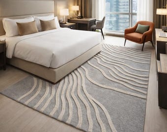 Modern Gray Area Rug, Textured Wave Rug, Carved Line Pattern Carpet, Minimalist Neutral Scandinavian Contemporary Rug, Abstract Wavy Rug