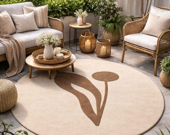 Round Beige Outdoor Rug, Minimalist Botanical Round Rug, Boho Patio Rug, Neutral Balcony Rug, Scandinavian Japandi Circle Rug