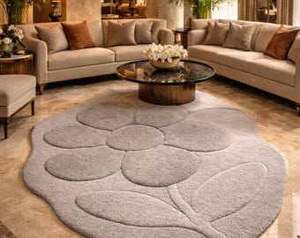Gray Flower Shaped Area Rug, Soft Plush Floral Rug, Cute Modern Floor Mat, Minimalist Bedroom Nursery Decor, Cozy Petal Rug