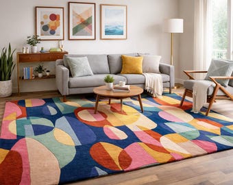 Hand Tufted Colorful Abstract Area Rug | Modern Artistic Geometric Rug | Bright Living Room Bedroom Carpet Decor