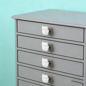 Op de afbeelding: Een grijze ladekast met vijf lades, elk voorzien van een witte uilvormige knop met een messing basis. De ladekast is effen grijs geschilderd en de knoppen zorgen voor een decoratief accent.