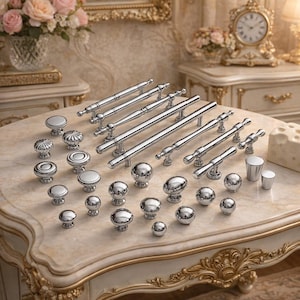 May include: A collection of polished chrome cabinet hardware, including knobs and pulls, arranged on a marble surface. The hardware features various designs, from simple spheres to ornate, detailed knobs and pulls. The shiny metal reflects the light, creating a luxurious aesthetic.