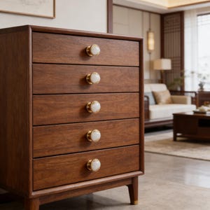 Könnte beinhalten: Eine Holzkommode mit fünf Schubladen. Die Kommode hat eine warme braune Farbe mit goldfarbener Hardware und weißen, marmorähnlichen Knöpfen. Die Kommode hat ein schlichtes, elegantes Design und steht vor einem verschwommenen Hintergrund.