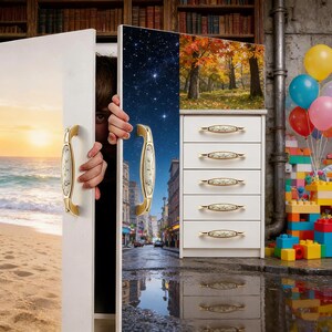 Peut inclure: Une commode blanche &agrave; cinq tiroirs, chacun avec une poign&eacute;e d&eacute;corative dor&eacute;e et cr&egrave;me. Les tiroirs sont &agrave; c&ocirc;t&eacute; d'une porte avec une poign&eacute;e dor&eacute;e, r&eacute;v&eacute;lant une sc&egrave;ne de plage, une nuit &eacute;toil&eacute;e et une sc&egrave;ne de for&ecirc;t d'automne.