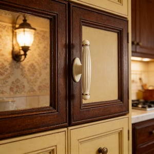 May include: Close-up of a kitchen cabinet with a cream-colored, ribbed handle with gold accents. The cabinet doors are framed in dark brown wood and have a light beige center panel. A wall-mounted light fixture is visible in the background.