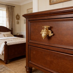 Op de afbeelding: Een donkerbruine houten ladekast met twee lades en een decoratieve gouden eikelvormige handgreep. De slaapkamermeubels hebben een klassiek ontwerp, met een bed zichtbaar op de achtergrond.