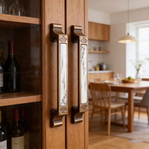 May include: Close-up of a wooden cabinet with two ornate bronze-colored handles. Each handle has a white and gray marbled center section. The cabinet doors are made of light brown wood. The background shows a dining area with a table and chairs.