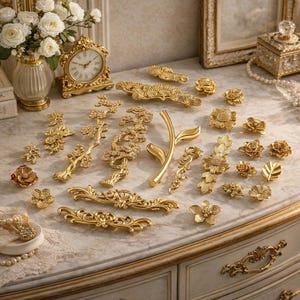Könnte beinhalten: Eine Sammlung von vergoldeten Möbelbeschlägen, darunter Griffe und Knöpfe, angeordnet auf einer marmorierten Oberfläche. Die Beschläge weisen florale und botanische Designs auf, zusammen mit einer goldenen Uhr und dekorativen Elementen.