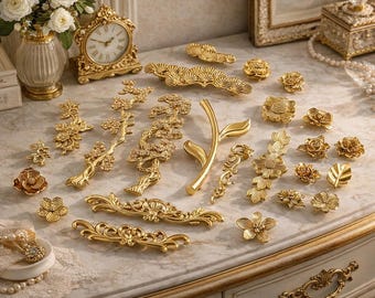 Poignées d'armoires européennes vintage en laiton - Poignées florales en feuille de pin doré - Quincaillerie décorative pour tiroir de porte d'armoire