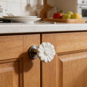 May include: A white ceramic daisy-shaped cabinet knob with a silver base is attached to a wooden cabinet door. The kitchen setting includes a countertop with plates and a cutting board with fruit.