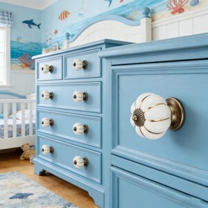 Pumpkin Shaped Ceramic Cabinet Knobs | Vintage American Drawer Pulls | Farmhouse Cupboard Handles for Dresser Wardrobe