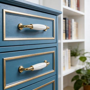 May include: A blue chest of drawers with gold trim and white and gold handles. The chest has three drawers. A white bookshelf with books and plants is in the background.