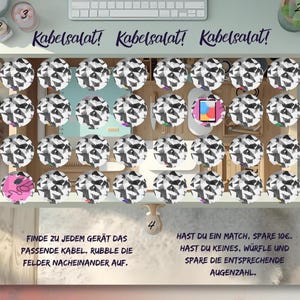 Könnte beinhalten: Ein Spielbrett mit einem Raster aus schwarz-weiß gemusterten Kreisen. Der Text "Kabelsalat!" wiederholt sich oben. Das Spiel beinhaltet ein Tablet und Anweisungen auf Deutsch.