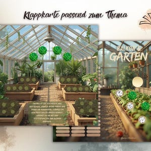 Könnte beinhalten: Ein Bild eines Gewächshauses mit dem Text "Klappkarte passend zum Thema" und "Balkon & Garten". Das Bild zeigt ein üppiges Interieur mit Pflanzen in Holzkästen und hängenden grünen Dekorationen. Das Thema ist Gartenarbeit.
