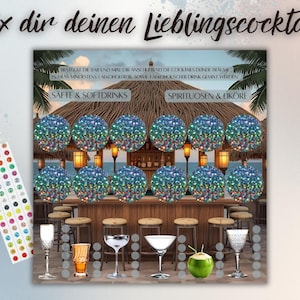 Könnte beinhalten: Ein farbenfrohes Bild, das die Cocktailzubereitung bewirbt. Der Text "Mix dir deinen Lieblingscocktail" steht oben. Das Bild zeigt eine Barszene mit verschiedenen Getränken, Früchten und Gläsern. Auf der linken Seite befindet sich ein Aufkleberbogen mit bunten Punkten.