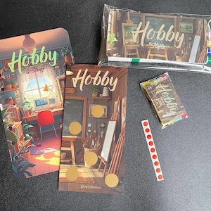 Välj färger för din hobbyteckning // Vändkort för att rita, skrapa och måla // Instrumentpanel och sparutmaning för din hobbysparpott //