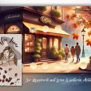 May include: An illustrated scene of a coffee shop with a sign that says "Coffee." A card with the words "Coffee Time" and an illustration of a woman with headphones and a coffee cup is in the foreground. The scene includes people walking and autumn leaves.