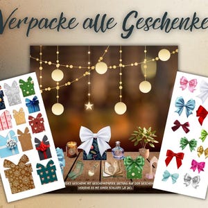 Könnte beinhalten: Ein Bild mit Geschenkverpackungsmaterialien. Es gibt Geschenkboxen mit verschiedenen Mustern und Farben sowie eine Auswahl an bunten Schleifen. Der Text "Verpacke alle Geschenke" steht oben. Im Hintergrund eine festliche Szene mit Lichtern und Dekorationen.