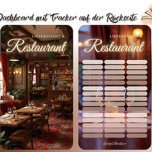 Peut inclure: Deux images côte à côte. L'image de gauche montre un intérieur de restaurant avec des tables, des chaises et une décoration. L'image de droite est un tracker avec des rangées de cases, probablement pour suivre les activités liées au restaurant. Le texte en allemand indique "Dashboard mit Tracker auf der Rückseite" et "Restaurant".