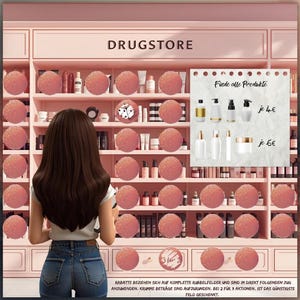 May include: A digital illustration of a drugstore interior with a woman facing the shelves. The shelves are filled with products and pink spheres. A sign reads "DRUGSTORE". A notepad shows product options.