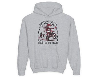 Cupid Riding Dirtbikes Youth Hoodie | Dirt Bike Valentine Skate Motocross Love