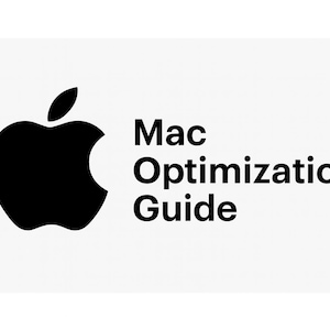 Op de afbeelding: Een witte rechthoek met het zwarte Apple-logo en de tekst "Mac Optimization Guide". Het Apple-logo is een gestileerde zwarte appel met een hap eruit.